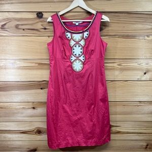 Boden Dress 10R Pink Beaded Embroidered Cotton Stretch Shift Sleeveless